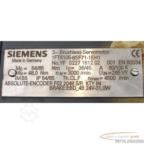 Motor Siemens Siemens 1FT6105-8SF71-1EH1 Servomotor SN YFS227161202001 ohne Lüfter