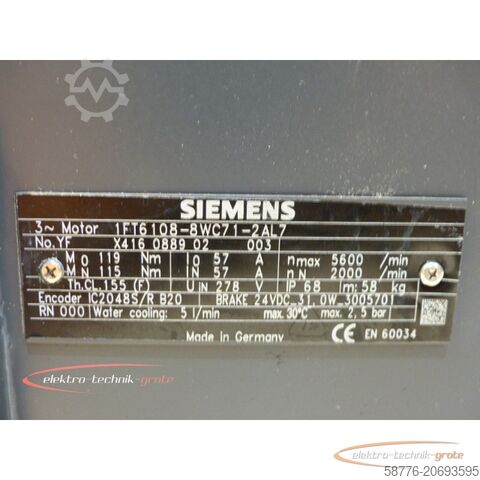 Siemens motor Siemens 1FT6108-8WC71-2AL7 Drehstrom-Servomotor  !