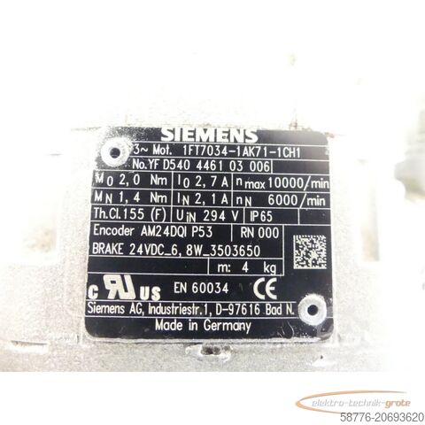 シーメンス・モーター Siemens 1FT7034-1AK71-1CH1 Synchronmotor Encoder AM24DQI SN: YFD540446103006