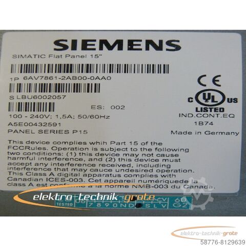 Siemens component Siemens 6AV7861-2AB00-0AA0 Flat Panel 15
