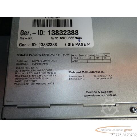 Siemensova komponenta Siemens 6AV7872-0BF30-0AC0 Simatik Panel PC 677B SN: VPC3857693  gebraucht - TOP Zustand