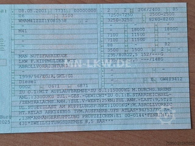 Sklápač MAN 18.280 4x4 ALLRAD ABROLLKIPPER ATLAS HAKEN TÜV