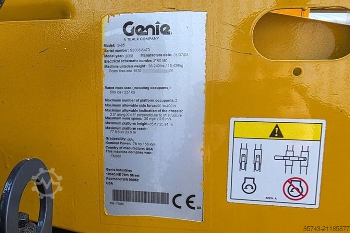 Τηλεσκοπική πλατφόρμα Genie S85 As-Is, Diesel, 4x4 Drive, 27.7m Working Height