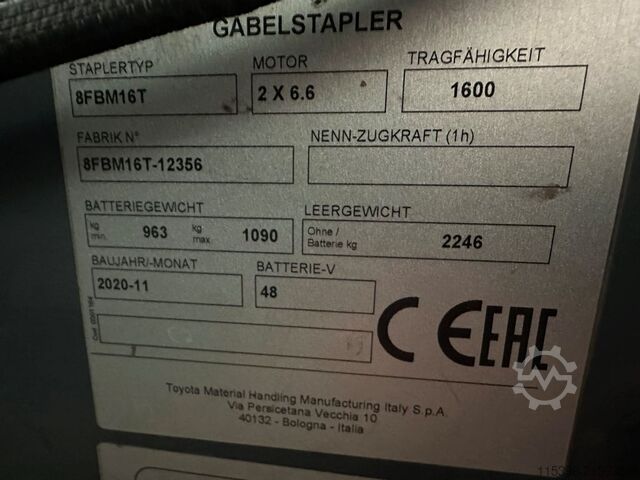 Электрический 4-х колесный вилочный погрузчик Toyota 8FBM16T - FREIHUB-MAST !!!