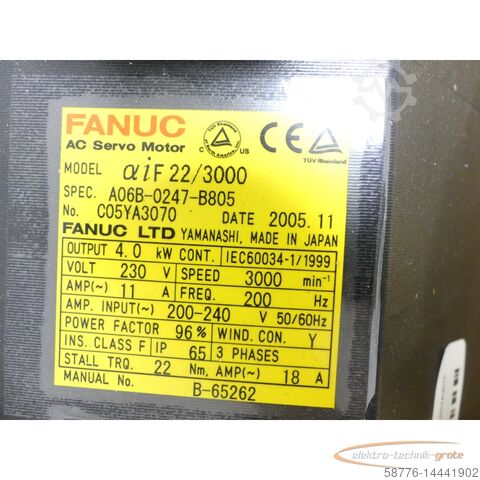 Fanuc motor Fanuc A06B-0247-B805 Servomotor SN C05YA3070 + A860-2000-T301