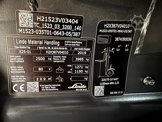 2019年保养 + UVV至2027年9月，使用时间为12,341小时。 Linde E25