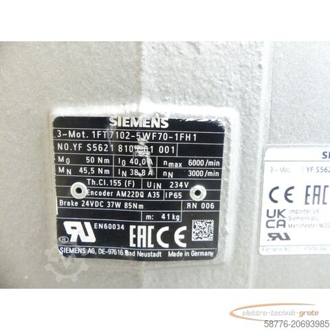 Siemens motor Siemens 1FT7102-5WF70-1FH1 Motor SN:YFS5621810501001--