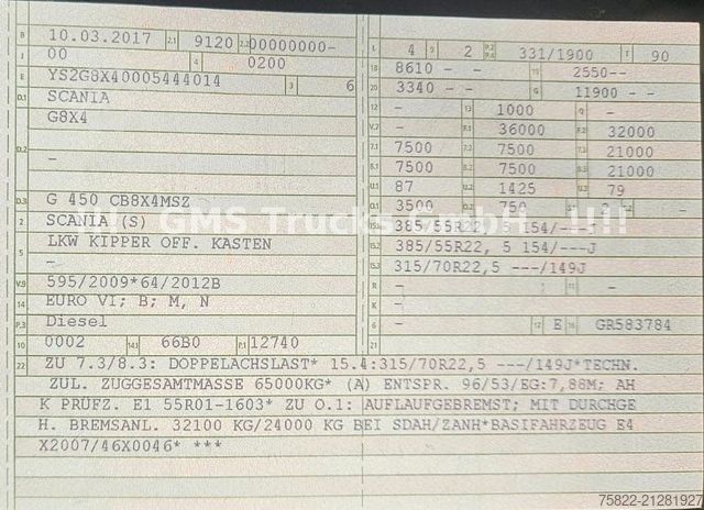 Tipper truck SCANIA G450 / ISO Thermo Mulde / 8X4 / Opti Cruise