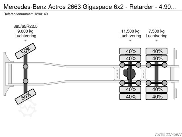 Chassis med førerhus Mercedes-Benz Actros 2663 Gigaspace 6x2 - Retarder - 4.90 WB ...