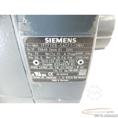 Siemens-motor Siemens 1FT7108-5AC71-1NH1 SN:YFE5649344401009 generalüberholt mit 12 Monaten Gewährleistung