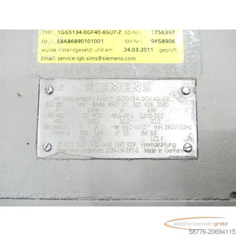 Siemens motor Siemens 1GG5134-0GF40-6SU7 - Z SN:E8A86890101001 - generalüberholt! -