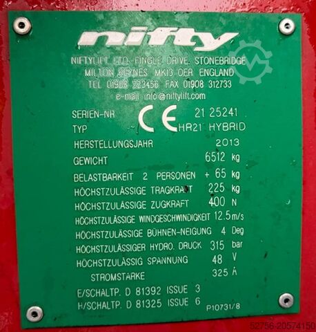 Nền tảng làm việc bằng kính thiên văn có khớp nối Niftylift (BS2191) HR21 Hybrid