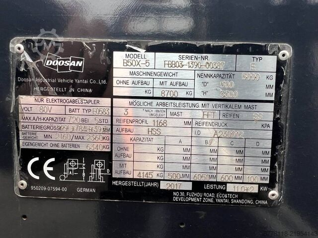 Gaffeltruck Doosan B50X5 5T 6m Triplex non-marking (1840)