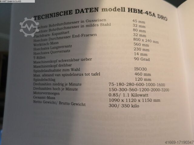 Bore- og fræsemaskine HBM BF 45 Profi DRO