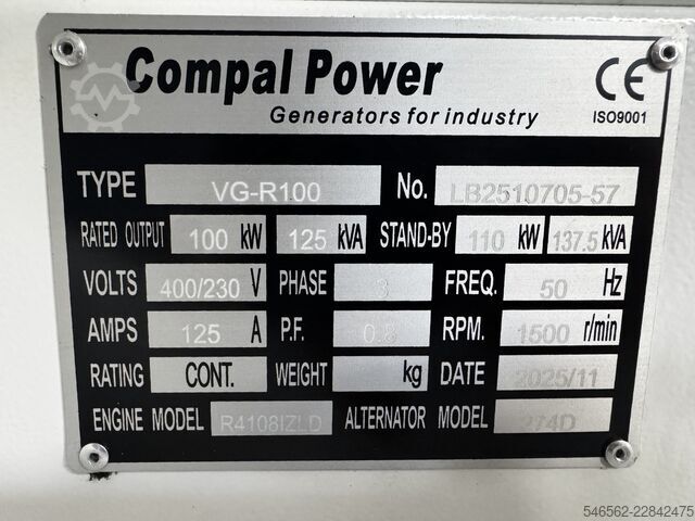 100 kW дизелов генератор – 125 kVA Compal Power VG-R100