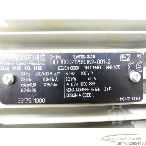 Siemens motor Siemens 1LA9106-4KA11 Motor SN UD1009/1299362-001-2