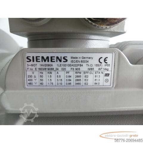 Motor Siemens Siemens 1LE10010EA422FB4 1,5kW Niederspannungsmotor SN: E1603/819088 24