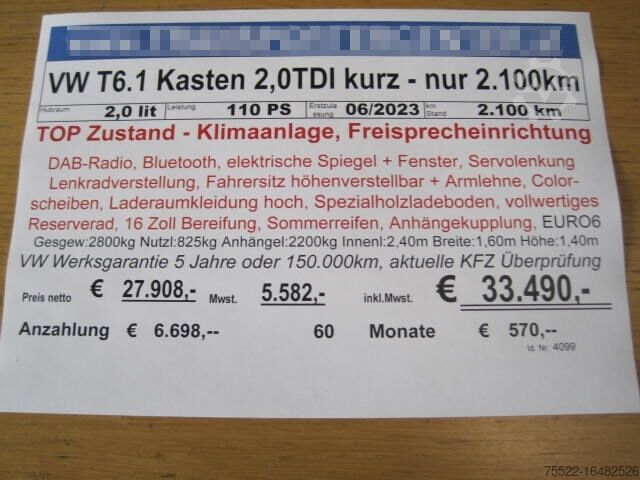 Skriňová dodávka VW T6.1 Kasten kurz - nur 2100km - Klima