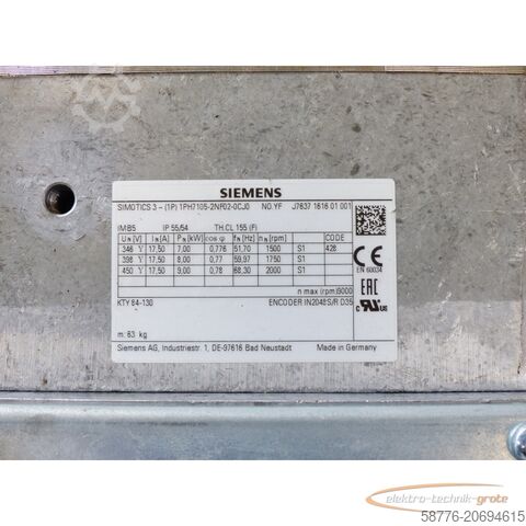 Moteur Siemens Siemens 1PH7105-2NF02-0CJ0 Kompakt-Asynchronmotor SN:YFJ7637161601001