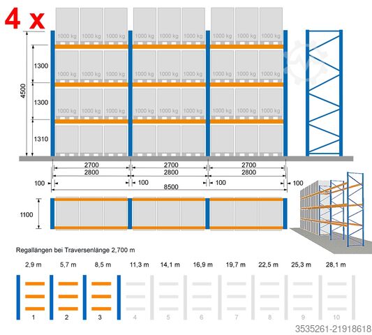Polica za ploče TOTAL-REGAL - 4 x 8,5 m lang, 4,5 m hoch McPalettenregal - 3 Traversen-Ebenen