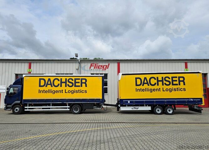Open trailer with tarp FLIEGL Tandem-Plattform-Anhänger Durchlader