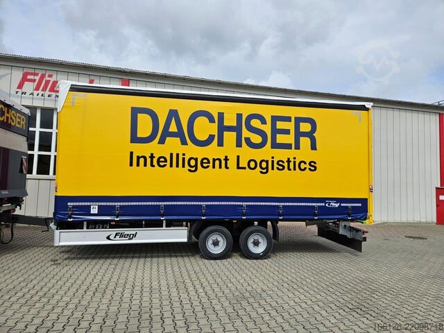 Open trailer with tarp FLIEGL Tandem-Plattform-Anhänger Durchlader
