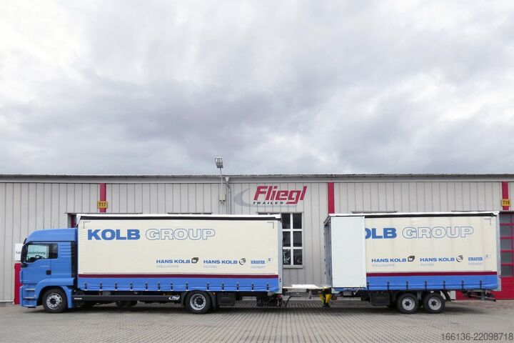 Open trailer with tarp FLIEGL Tandem-Plattform-Anhänger Durchlader