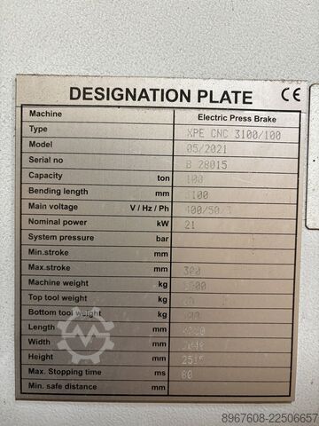 Press brake Morgan Rushworth XPE CNC 3100/100