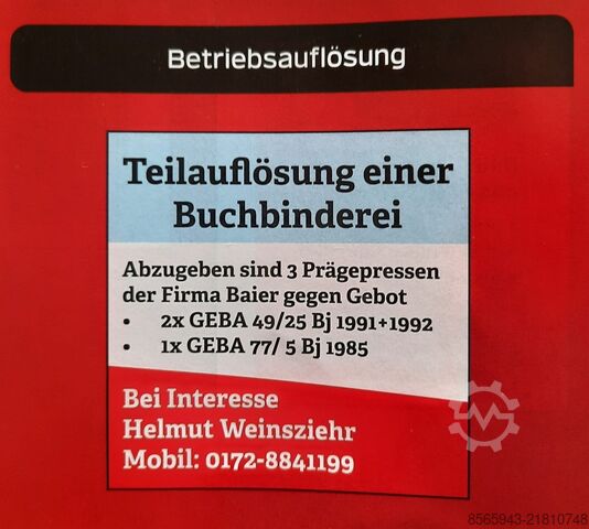 Book binding machine Baier GEBA 49/25 sowie GEBA 77/5