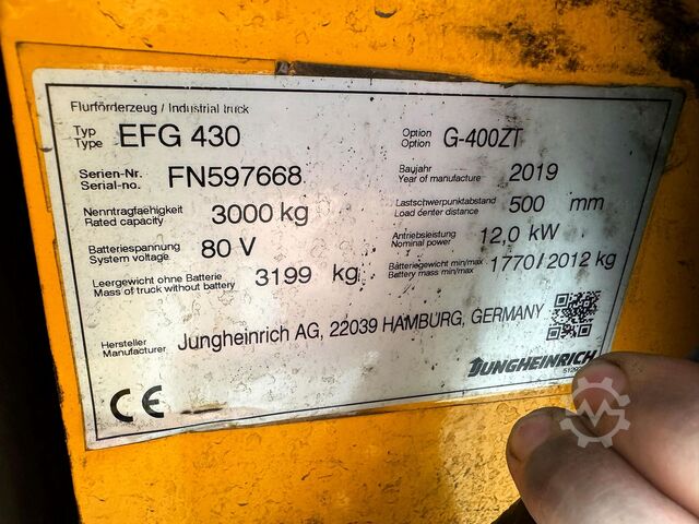 S+UVV 07/27 sidokoll. El 6 532 h Jungheinrich EFG 430