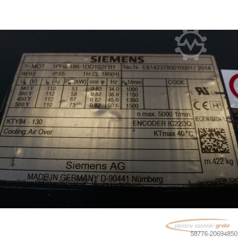 "Siemens" variklis Siemens 1PH8186-1DD10-2FB1 Asynchronmotor SN: E61423780010001 - ! -