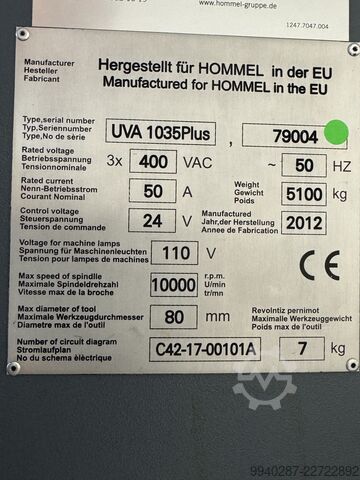 Vertikālais apstrādes centrs Hommel UVA 1035 PLUS Heidenhain