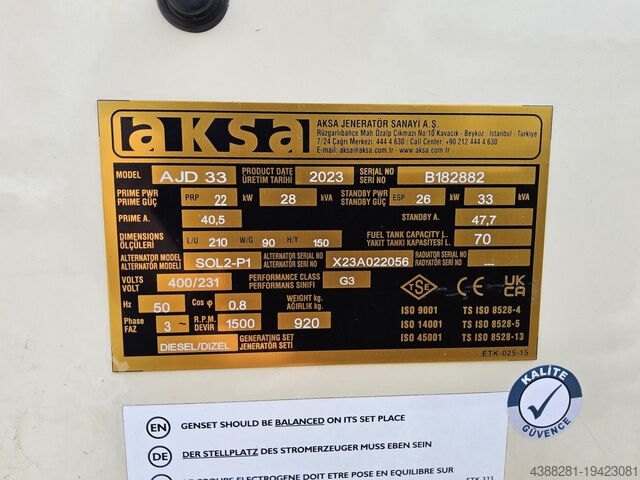 Gerador AKSA AJD 33 EU | 33 kVA Diesel Notstrom Schallgedämmt | NEU 2024