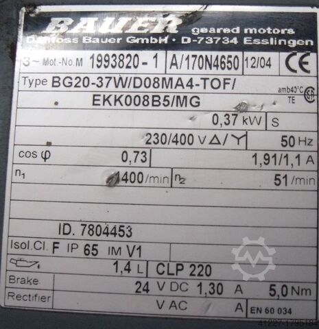 Växelmotor 0,37 kW 51 varv/min BAUER BG20-37W