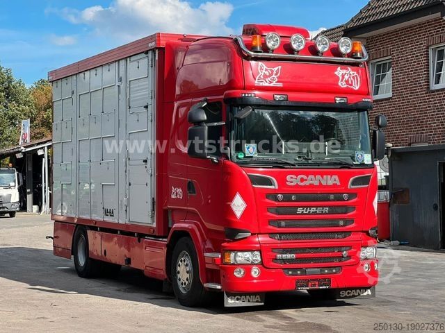 Cattle truck SCANIA R520 V8 4x2 Blatt/Luft KA-BA 3-Stock m. Hubdach