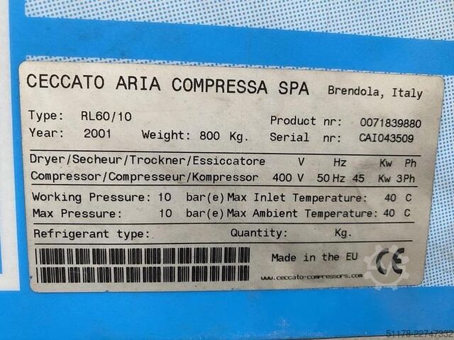 Compresseur Ceccato RL60/10 de 2001, 10 bars Ceccato RL60/10