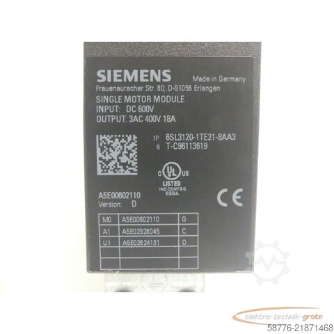 Thành phần Siemens 6SL3120-1TE21-8AA3 Single Motor Module SN:T-C96113619 --