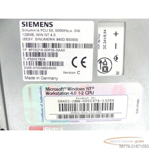 Komponens Siemens 840D PCU 50 6FC5210-0DF05-0AA0 SNT-P32027829 mit 6FC5247-0AF08-2AA0