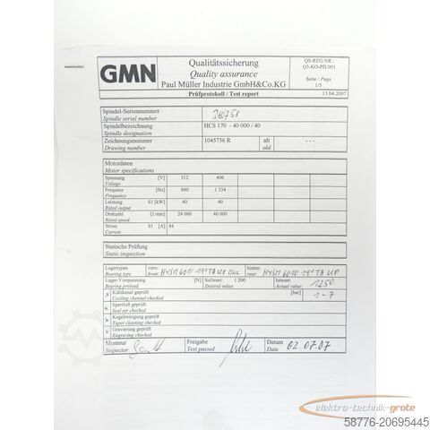 Komponen GMN GMN HCS 170 - 40000 / 10 Hochgeschwindigkeitsspindel SN:360758 - ! -