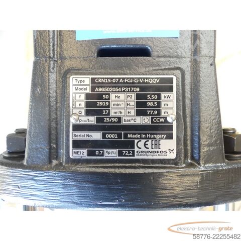 Komponentas Grundfos CRN15-07 A-FGJ-G-V-HQQV Pumpe + MG132SC2-38FF265-H3 --