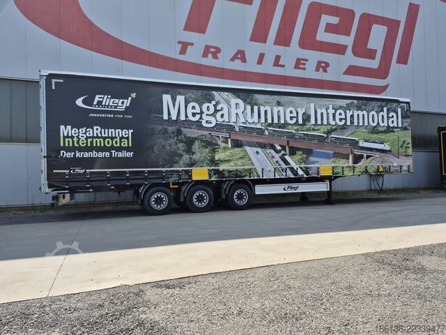 Auflieger mit Pritsche & Plane FLIEGL 3-Achs Mega Gardine Bahnverladbar