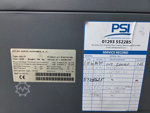 Compressor rotativo Atlas Copco Airpower B.V. GX5 FF Rotary Screw Compressor and Tank