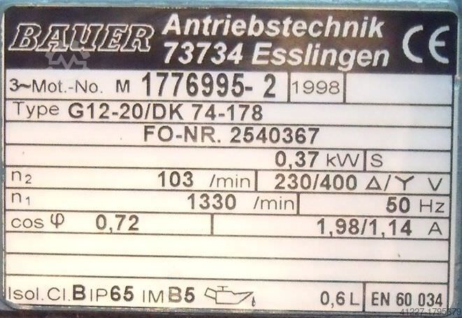 Geared motor 0.37 kW 103 rpm BAUER G12-20/OK
