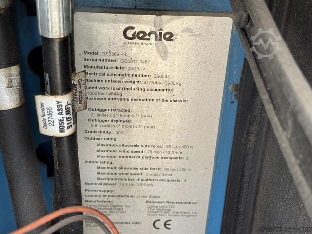 Genie GS 3369 RT Arbeitsbühne / Hubarbeitsbühne, 12m Arbeitshöhe, 4x4 Kubota DIESEL, Baujahr 2014 GENIE GS 3369 RT  Hoogwerker / Arbeitsbuhne 12mtr werkhoogte 4x4 Kubota DIESEL 2014