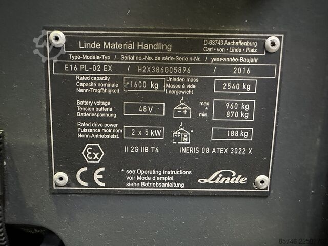  LINDE E 16 PL - 386 / 02 Evo * Atex EX * Proplan 2G / Z1 * NEW battery !!
