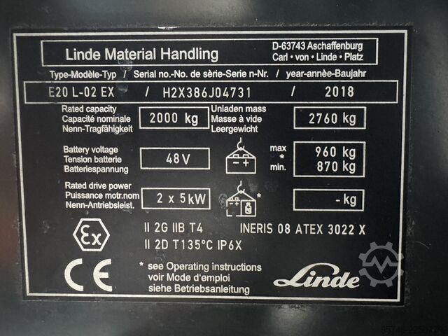  LINDE E 20 L - 386 / 02 Evo * Atex EX * Proplan 2GD / Z1 & 21 & 22 * Triplex FFL * NEW battery !!