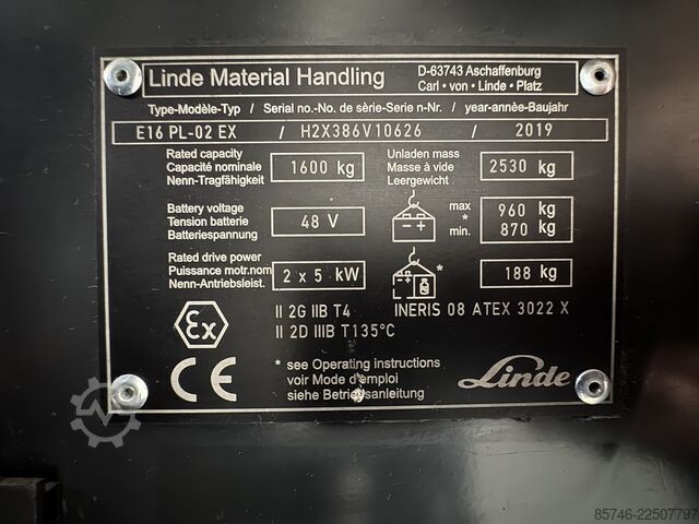  LINDE E 16 PL - 386 / 02 Evo * Atex EX * Proplan 2GD / Z1 & 21 & 22 * Triplex FFL * NEW battery !!