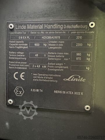 E 16 PL - 386 * Atex EX * Proplan 2G / Z1 * Batterie NEUVE !! LINDE E 16 PL - 386 * Atex EX * Proplan 2G / Z1 * NEW battery !!