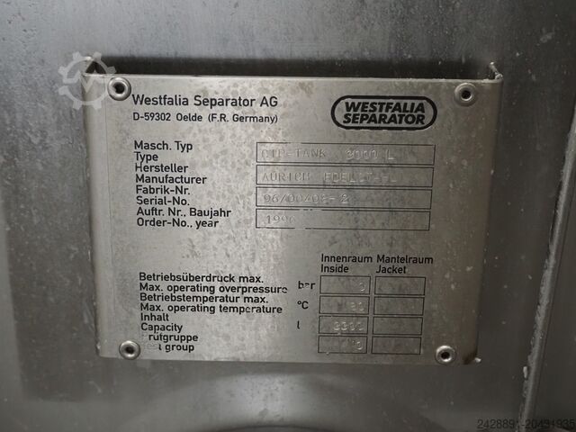 CIP instalacija, spremnik, pumpe, izmjenjivač topline Westfalia Separator AG, Hilge, Endress + CIP-TANK 3000 L, EURO-HYGIA-B-SUPER-II