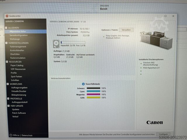Digital printing machine Canon imagePRESS C10000VP inkl. Fiery, booklet finisher paper deck
